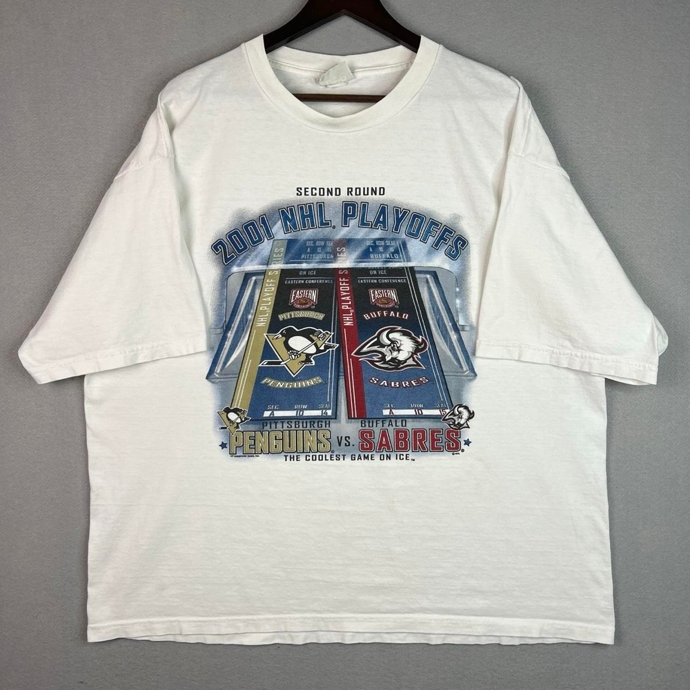 Vintage NHL Hockey Playoffs 2001 White Tee Shirt Sabres vs Penguins XL
